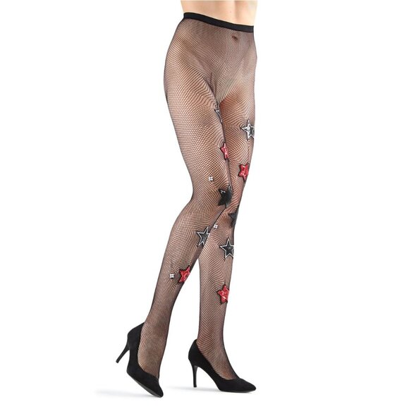 MeMoi Rockstar Fishnet Tights ✦ Black w/ Red & Black Sparkly Stars ✦ OS ✦ NWT - Picture 3 of 6